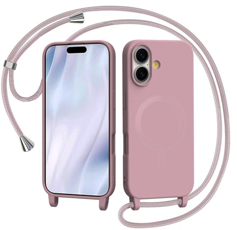 AOMYKE Handyband für iPhone 17 Hülle mit Band, Magnetisch Handyhülle kompatibel mit Magsafe zum Umhängen Schutzhülle mit Kette Kordel Weich TPU Silikon Case，Pink
