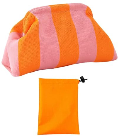 DUINIU 1 randig strandväska och 1 vattentät förvaringsväska, stickad randig väska, vattentät vävd väska, lämplig för strand, shopping, resor (orange).