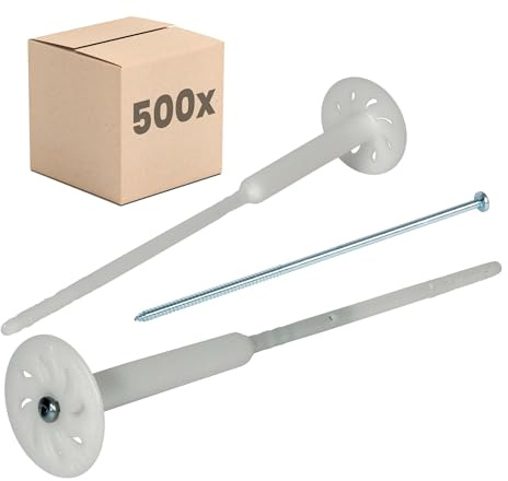 PROTEKTOR 500x Tasselli a vite per isolante, premontati Ø8 x 320mm | Plastica, tassello cappotto termico per isolamento facciata, premontato con vite in acciaio zincato