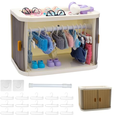 WALLFID Faltbarer Puppenkleiderschrank mit 15 Puppenkleiderbügeln, staubdichte Aufbewahrungsbox für 10–17 cm Mini-Puppen Kleidung & Accessoires, tragbarer Organizer für Reisen & Präsentation