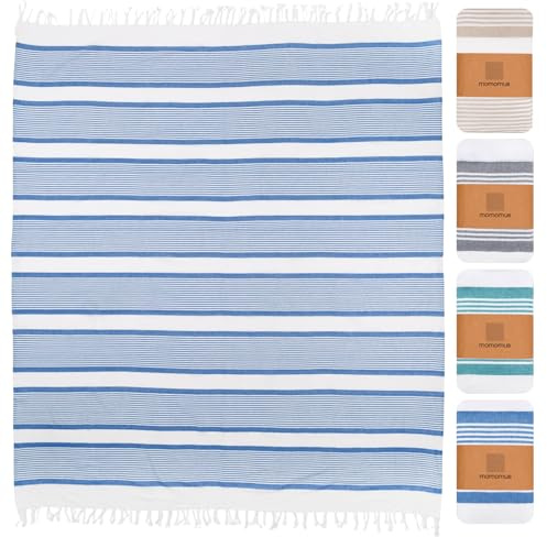 MOMOMUS Stranddecke XXL 210 x 240 cm, Große Picknickdecke, Blau | Strandtuch XXL zum Ausbreiten und Teilen: 210 x 240 cm, trockener Sand lässt sich abschütteln
