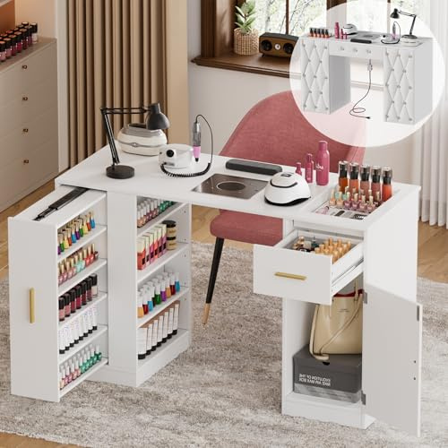 Table Manucure Bureau avec Aspirateur,Table Onglerie Professionnel en Bois avec Tiroirs,Étagère,T Able de manucure, Coiffeuse sans Miroir Moderne, pour Le Salon,108x45x77 cm,Blanc