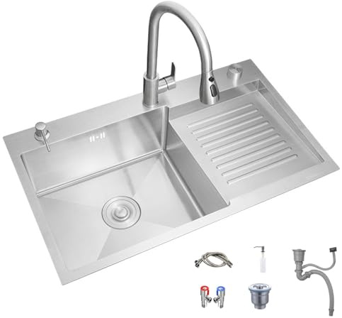 Lavandino Bagno in Acciaio Inossidabile con Lavatoio Integrato, Lavello di Servizio con Rubinetto Estraibile, Scarico con Troppopieno e Set Completo di Accessori(60x48x21cm/23.6x18.9x8.3in)