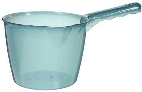 HEALEEP Cucharón de Agua para Cocina y Baño Mango Largo Ergonómico, Pala de Agua Transparente Azul Pequeña, Utensilio Doméstico Multiuso para Lavar Frutas y Verduras, Cucharón Portátil