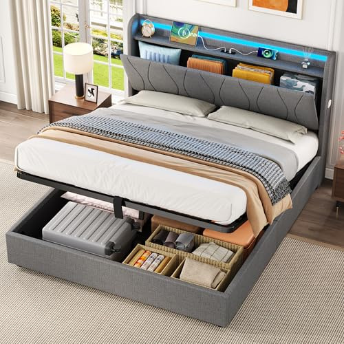 Ball & Cast 4ft6 Double Upholstered Bed Frame with Hydraulic Storage, LED Headboard with Charging Station and Concealed Headboard Storage, USB and Type - C Ports, Linen, No Box Spring Needed, Grey