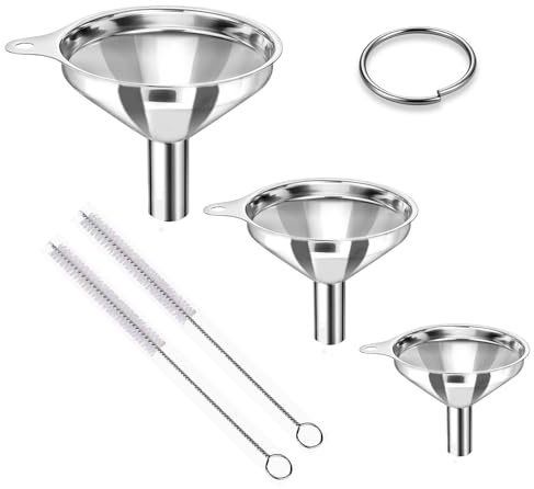 Trichter Küche Set, 3 Stück Trichter Saufen(9cm / 7cm / 5.8cm) | Funnel Edelstahl mit 2 Reinigungsbürsten und Aufbewahrungsring für Flüssigkeiten, Pulver und Marmelade