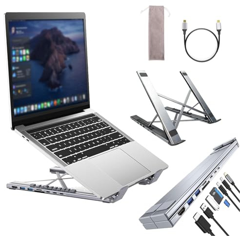 8-in-1 USB-C Laptop Docking Station with 4K HDMI, USB 3.0, 100W Power Delivery, HDMI 4K@30Hz, Aluminum USB C Dock Tablet Stand Dock Station, Adjustable Foldable Holder, Plug and Play for Home Office