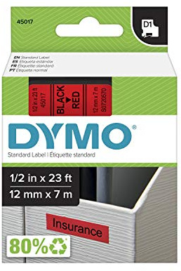 DYMO Standard D1 Etikettenband für LabelManager Etikettenhersteller, schwarzer Druck auf rotem Band, 1,27 cm B x 7,6 m L, 1 Kartusche (45017)
