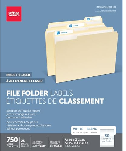Office Depot White Permanent Inkjet/Laser File Folder Labels, 2/3in. x 3 7/16in., White, Pack of 750, 505-0004-0011