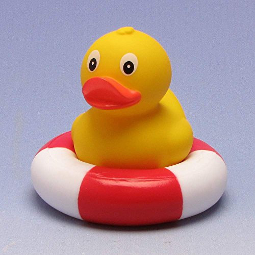 Duckshop I Steh-Badeente im Schwimmring I Quietscheente I H: 8 cm Gelb