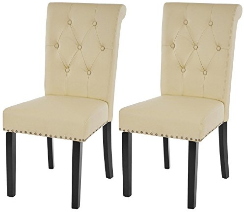 Mendler 2er-Set Stuhl Chesterfield II - Kunstleder, Creme, dunkle Beine
