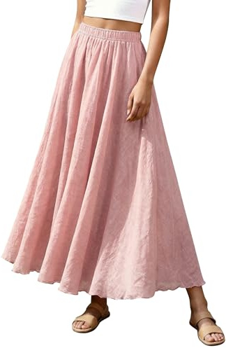 Ezcosplay Women Bohemian Beach A-Line Dress Double Layer Elastic Waist Long Maxi Skirt Pale Rose