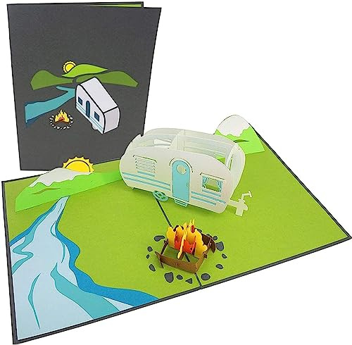 PopLife Campingausflug Pop Up Card - 3D Vatertagskarte, Glücklicher Jahrestag, Valentinstagskarte für Ihn, Geburtstags-Popup, Pensionierung - für Ehemann, Sohn, Vater, Bergkarte, Wohnmobil-Geschenk