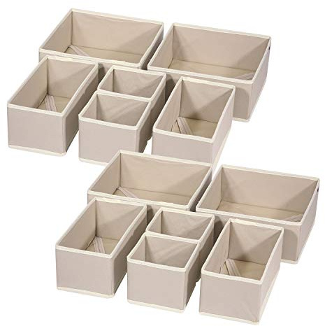 DIOMMELL 12 Pack Foldable Cloth Storage Box Closet Dresser Drawer Organizer Fabric Baskets Bins Containers Divider for Clothes Underwear Bras Socks Lingerie Clothing, Beige 444