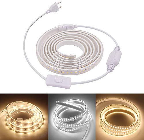 XUNATA 3m Actualizado 220V 2835 Tira LED con Interruptor, 120 LEDs/m Luces Blanco calido, IP67 Impermeable, Escalera de Techo Blancas Tira de LED Cocina Lights