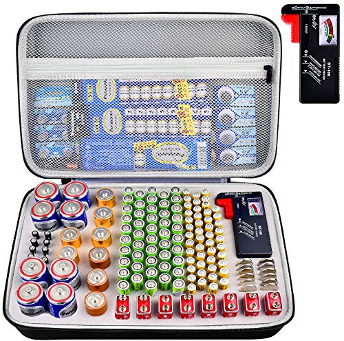 Organizzatore batteria Conservazione Scatola con tester batteria (BT168), custodia per custodia adatta per 140 batterie AA AAA AAAA 9V C D litio 3V (batterie non incluse)