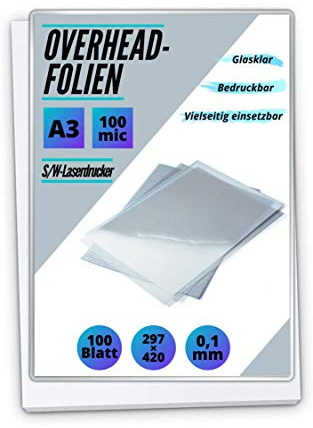 100 OHP-Folien A3 für S/W Laserdrucker und -Kopierer - transparent glasklar - PREMIUM Overheadfolien für beste Druck- und Projektions-Qualität…