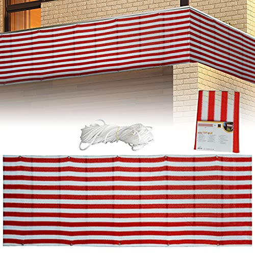 GGMWDSN Balkon Sichtschutz Ohne Bohren 0.9x5M, Balkonverkleidung, Windschutz, Sichtschutz und UV-Schutz für Balkon, Gartenanlagen, Camping und Freizeit （Rote und weiße Streifen）,0.9 * 5m