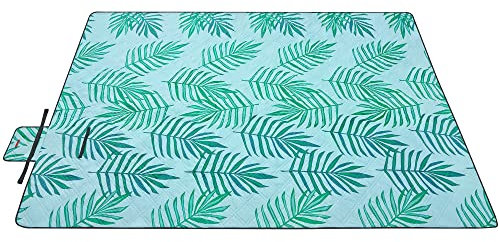 SONGMICS Picknickdecke, 300 x 200 cm, großer Teppich, für Camping, Park, Garten, Strand, wasserabweisend, maschinenwaschbar, faltbar, Farnmuster und Hellblau, GCM001Q03