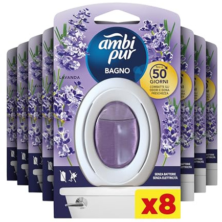 Ambi Pur Profumatore Bagno, Elimina Odori, 8 Pezzi, Profumo di Lavanda | Deodorante Ambiente con Tecnologia Anti Odore, Rinfresca l'Aria e Dona Freschezza, Durata Fino a 50 Giorni, Facile da Usare