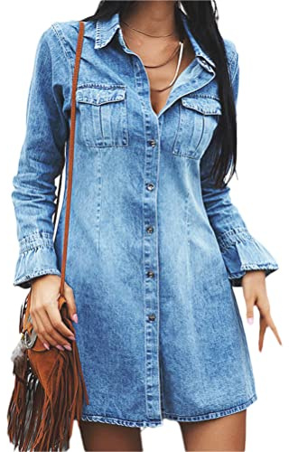 ORANDESIGNE Vestidos Corto para Mujer Casual Vestido Manga Corta Verano Vaquero Moda Fiesta Elegante Cuello en V Vestidos Playa Vacaciones Mini Vestido Túnica A Azul L