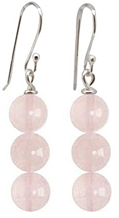 Handgemachte Frauen natürlichen Edelstein 8Mm dreifach Perlen und Sterling Silber baumeln Tropfen Ohrringe | Geschenkideen für Frauen, Mädchen (Rosa Rosenquarz)