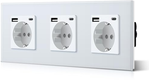 BSEED Triple Schuko Wand Steckdose mit USB & Typ C Glas 3 in 1 Unterputz Steckdosen 3 Weg mit 2.1 A USB Ladeleistung und Typ C Adapter Aufladestation Verlängerungssteckdosen 228mm Weiß