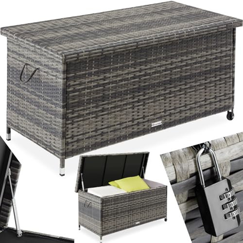 TecTake ® Baúl de Almacenaje exterior para Jardín, Trenzado Duradero de Polirratán, 270L, Estructura de Acero, Muebles Jardin Exterior, 121x56x60 cm, 270L - Gris