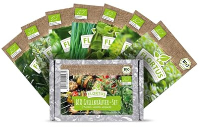 FLORTUS Grillkräuter Samen Set | 7 Sorten BIO Kräutersamen ideal zum Verfeinern für Grillgerichte | Saatgut Box für gemischtes Kräuterbeet | Aromatischer Kräutergarten | Samen Mix für Kräuter Anzucht