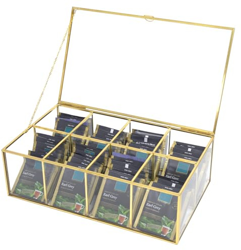 HighFree Gold Glass Tea Bag Organizer, Clear Storage Glass Box with Lid, Counter Top Collection Box for Tea, Surgar & Coffee Bags (8 Compartments)