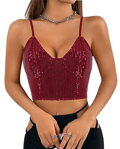 Naimo Damen Glitzer Pailletten Crop Top Ärmellos V-Ausschnitt Spaghettiträger Tank Tops Weste Party Rave Sparkle Camisole