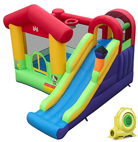 GOPLUS Aufblasbare Hüpfburg, Kinderhüpfburg mit Sprungbereich, Rutsche, Kletterwand & Basketballkorb, Hüpfschloss für Garten Outdoor Indoor, mit Tragetasche & Bodenpfählen (Haus, Mit Gebläse)