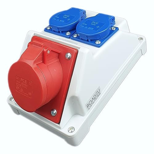 RoadEu - Presa da parete combinata 16A 5P - Quadro a parete 16A con 2 prese 230V - Ripartitore di corrente IP44 per uso interno ed esterno - Quadro elettrico da cantiere 16A con prese PCE