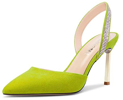 Castamere Mujer Aguja Alto High Heel Puntiaguada Punta Pumps Slingback Slip-on Diamante Cristal 8.5 CM Heels Verde Lima 40 EU