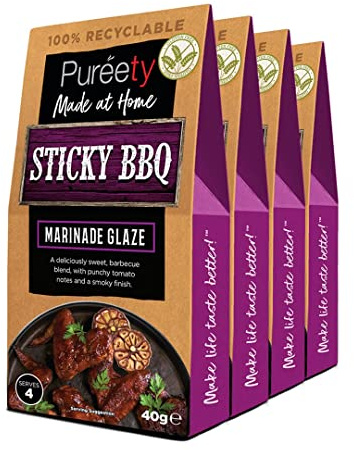Pureety | GLUTEN FREE Sticky BBQ Marinade Glaze | Restaurant quality meals made at home | 4 x 40g packs
