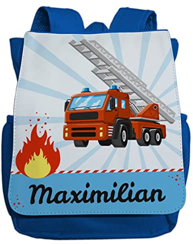 minimutz Kindergartenrucksack Jungen personalisiert mit Namen | Kinder-Rucksack Feuerwehr Auto und Flamme für Kinder | Kleiner Freizeitrucksack Kinderrucksack Kita Kindergarten 2-5 Jahre (dunkelblau)