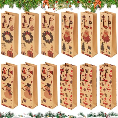 Weihnachten Flaschentüten Geschenktüten, 12 Geschenktüten Weintasche Flaschentüten, Geschenktüten Weihnachten, Weihnachtstüten, Flaschentasche, Flaschentasche Kraftpapier für Weihnachtsfeier