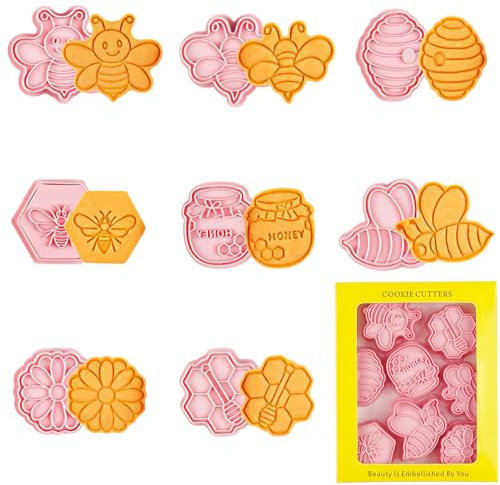 VorkiVecKi DIY Bienen-Ausstechformen – Honigtopf-Form, Ausstechformen-Set, 3D-Bienen-Blumen-Rührstab-Element, Keksformen für hausgemachte Snack-Kuchen und Keksbacken, 8 Stück