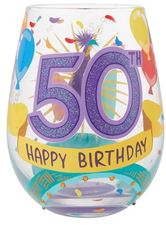 Enesco Lolita Designs - Bicchiere da vino senza stelo dipinto a mano, con scritta Happy 50th Birthday, 590 ml, multicolore