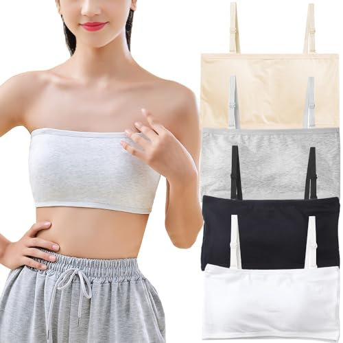 Bysion Teen Girls Bandeau Bra Cotton Strapless Underwear T-Shirt Bras with Fixed Pad and Detachable Strap Seamless Tube Top Wireless Bralettes for 10-16 Years, 4 Pack