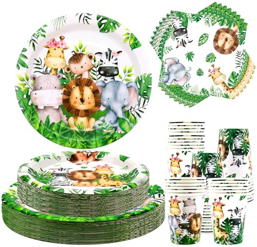 Service de table d'anniversaire Safari Jungle – Décorations de 1er anniversaire animal sauvage – 40 assiettes plates, 40 assiettes à dessert, 40 tasses, 40 serviettes pour enfants, garçons, fête