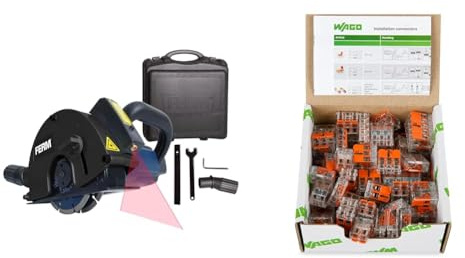 FERM Rainureuse 1700W 125mm - Laser - Incl. 2 lames diamant et adaptateur d'aspirateur & WAGO 221 Lot de 75 connecteurs de câble dans une boîte refermable avec levier 221-412, 221-413, 221-415