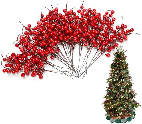 canddy 30 Stück Rote Beeren Deko, 26,7 cm künstliche rote Beerenstiele, rote künstliche Beerenzweige für Weihnachtsbaumschmuck, Basteln, Urlaub und Heimdekoration