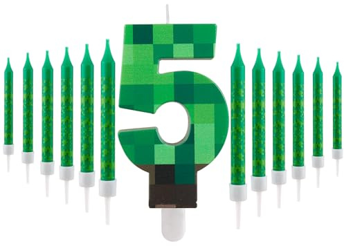 Velas de Cumpleaños con Tema Pixelado Número 5 y 12 Velas Largas Verdes Delgadas, Velas Temáticas de Videojuegos para Decoración de Fiestas Infantiles, Aniversarios