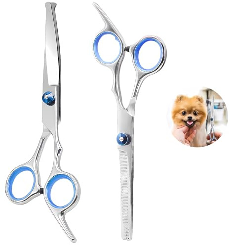 2 Piezas Tijeras Peluqueria para Perros, Tijeras para Mascotas, Tijeras Curvas y Tijeras Entresacar, Tijeras de Acero Inoxidable Con Puntas Redondas de Seguridad para Mascotas, para perros, gatos
