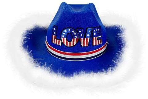Generisch Cowboyhut Männer, Herren Cowboyhut - Blue Cowgirl Western Hut mit Federn,Westliches Outfit für Maskerade, Halloween, Weihnachten, patriotischer Tag, Geburtstag