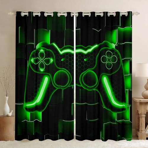 Homewish Gaming Vorhänge 137x117(HxB) Kinder, Gamepad Coole Videospiele Schwarz Fenster Vorhänge für Mädchen Jungen, Farbverlauf Grün Fenstervorhang Gardinen 3D Druck Schlafzimmer Dekor 2 Paneele