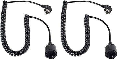 as - Schwabe Spiralleitung, 1m auf 2,5m dehnbares Spiral-Kabel mit Schutzkontaktwickelstecker & Schutzkontaktkupplung, 230 V, 16 A Verlängerungskabel, IP20, schwarz, 70410 (Packung mit 2)