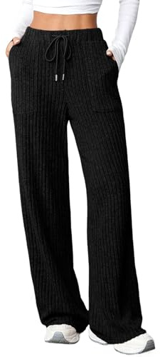 Aleumdr Women's Ribbed Wide Leg Lounge Pants Knit Pajama Fall Black L