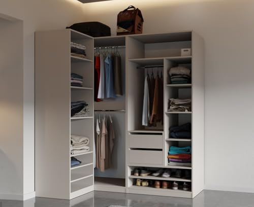 Marmex Eckkleiderschrank -Set TRES F, offener Garderobenschrank mit Kleiderstangen, Schubladen, Einlegeböden für Kleidung, Schuhe, Schlafzimmermöbel ohne Türen, 101/190x206x51 cm, graubeige Cashmere